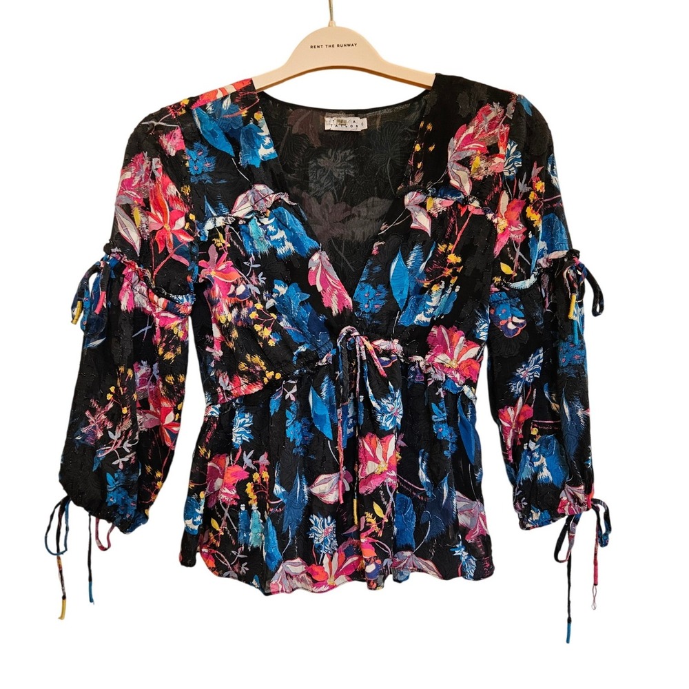 Tanya Taylor Silk‎ Cotton Floral Jacquard Peplum V-Neck Tie Sleeve Top Black 0
